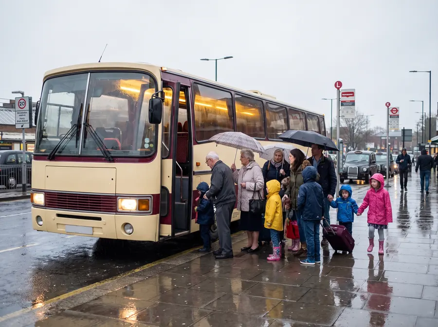 A cream and burgundy touring coach at the kerb on the forecourt outside Wimbledon station in steady rain, umbrellas up, an extended family of grandparents and children boarding with suitcases