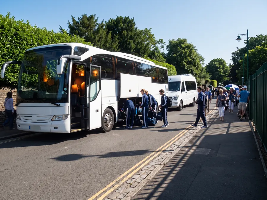 A white touring coach with a minibus parked behind it on the road outside the All England Lawn Tennis Club, green fencing and tall hedges, a sports team in matching tracksuits loading kit bags into the luggage bay in bright summer sunlight