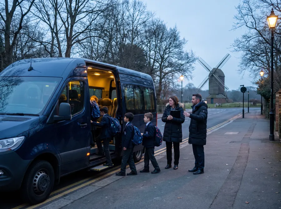 A dark navy 16-seat minibus parked on the road across Wimbledon Common at dawn, the wooden windmill and open heath behind, a line of children in school uniform boarding while two teachers count them on